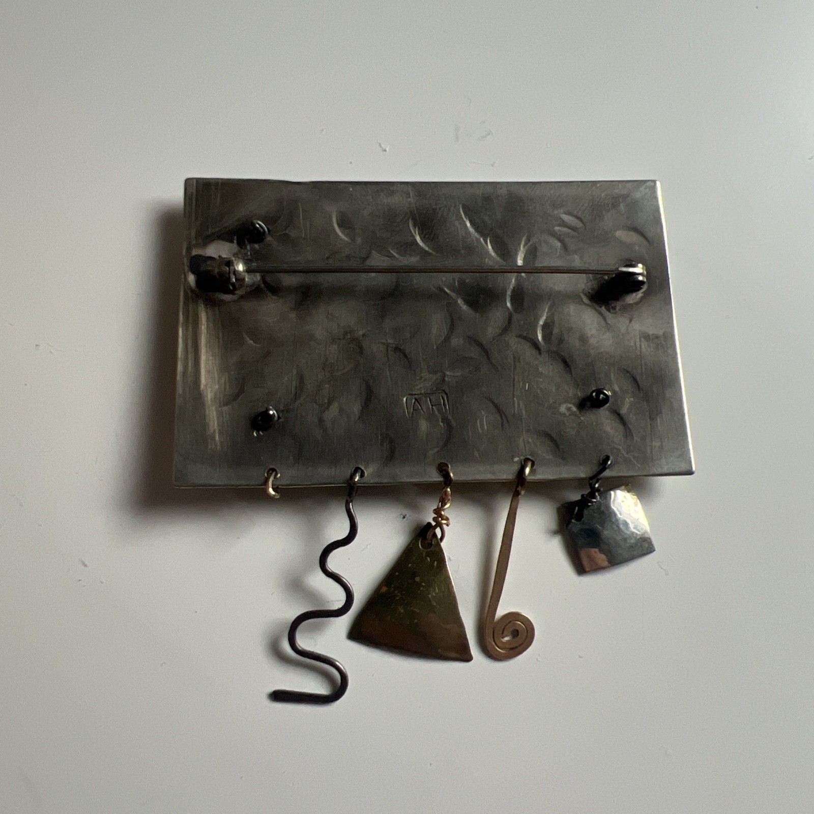 Vintage Signed AH Brooch Pin Jewelry Modernist Silver Gold Metal Charms Dangle