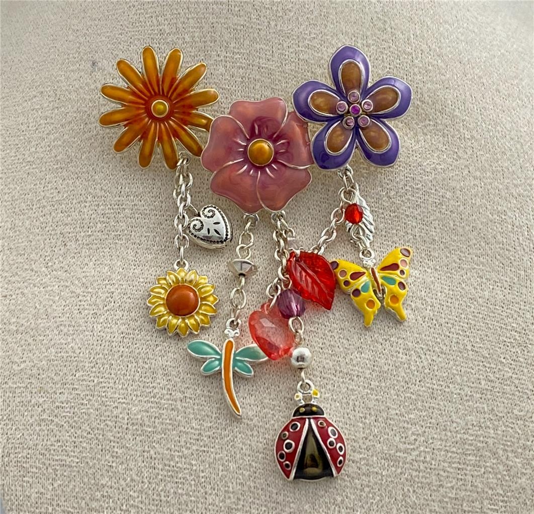 Vintage Multicolor Enamel Flowers, Bug, Butterfly, Hearts Charm Dangle Brooch