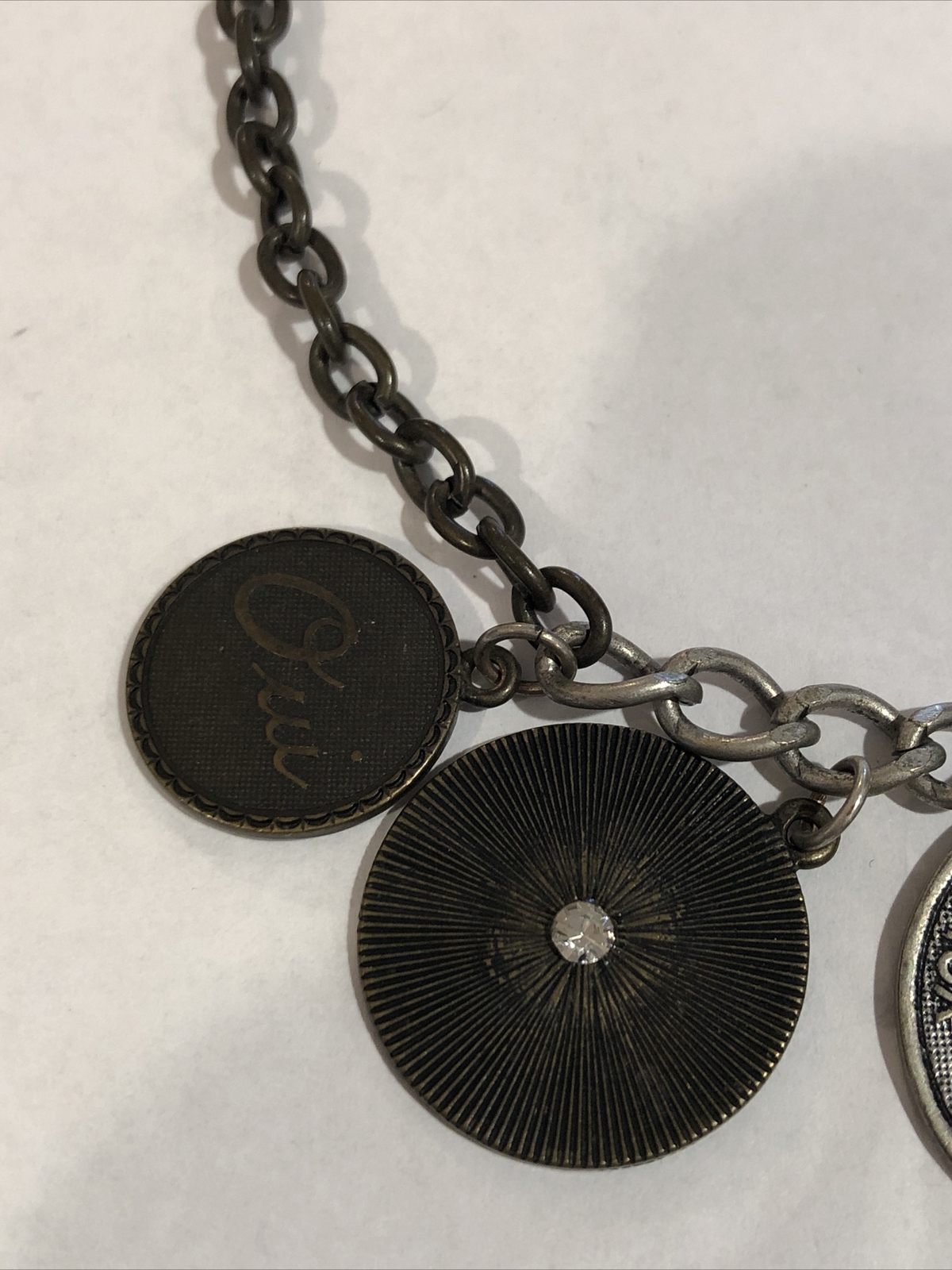 Mixed Metal Coin Chain Link Silver Tone Necklace French Oui Non Signed aeo