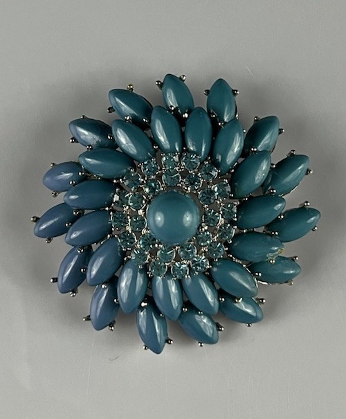 Large Retro Teal Blue Faux Turquoise Flower Brooch Tiered Silver Tone Sunburst