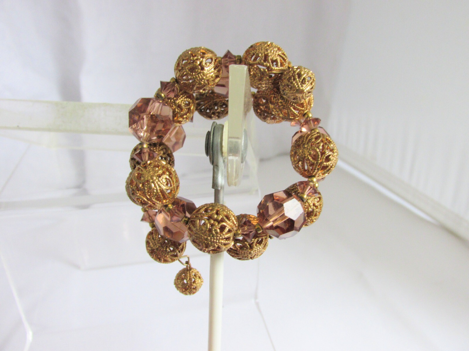 Vintage Topaz Glass Crystals & Gold Plate Filigree Metal Beads Wrap Bracelet