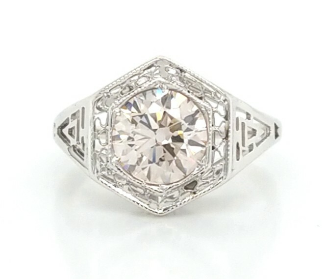 1.26ct 14k White Gold Filigree Engagement Ring Natural Champagne Round Diamond