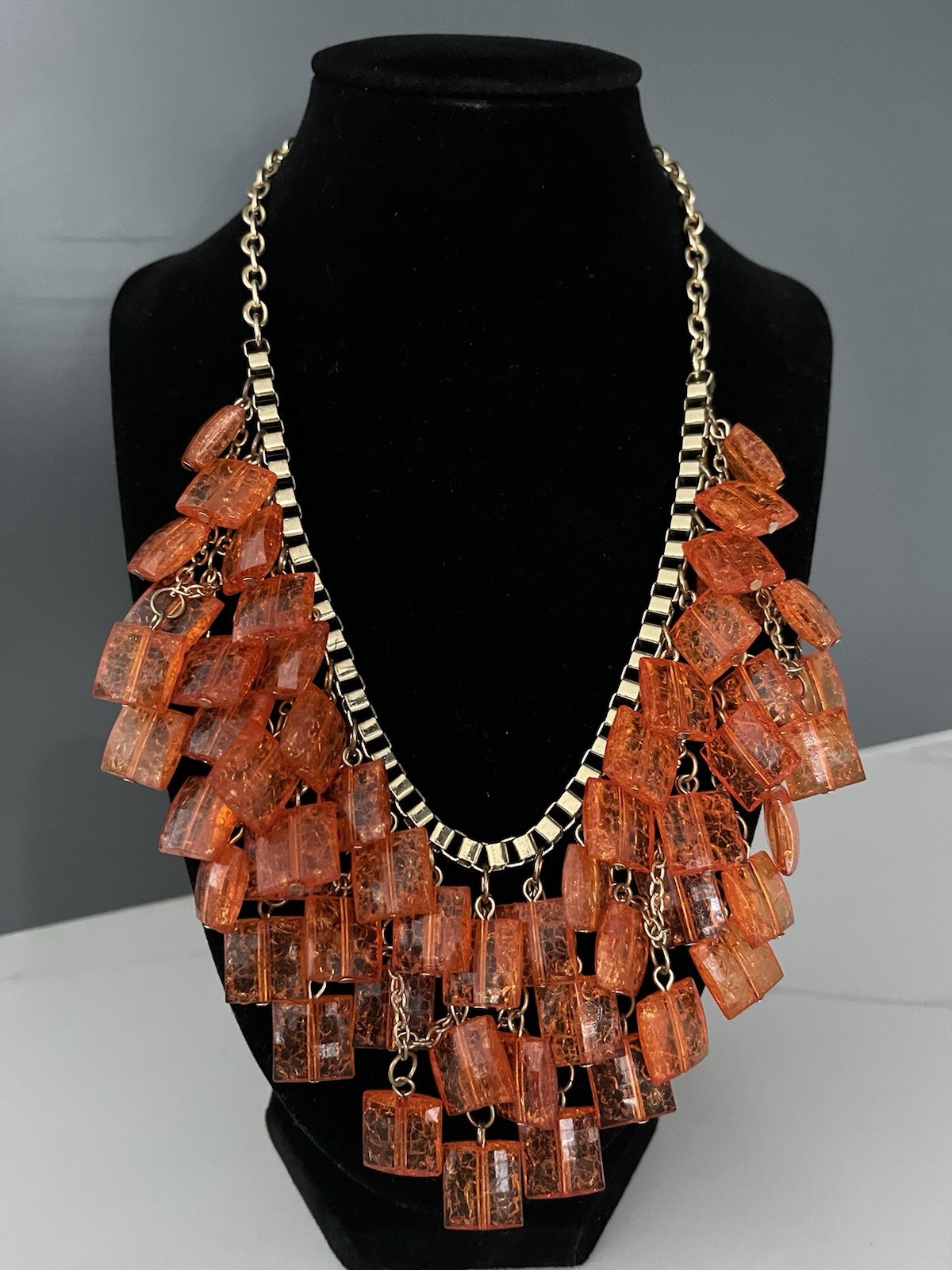 Vintage Orange Beaded Layered Bib Necklace Boho Retro