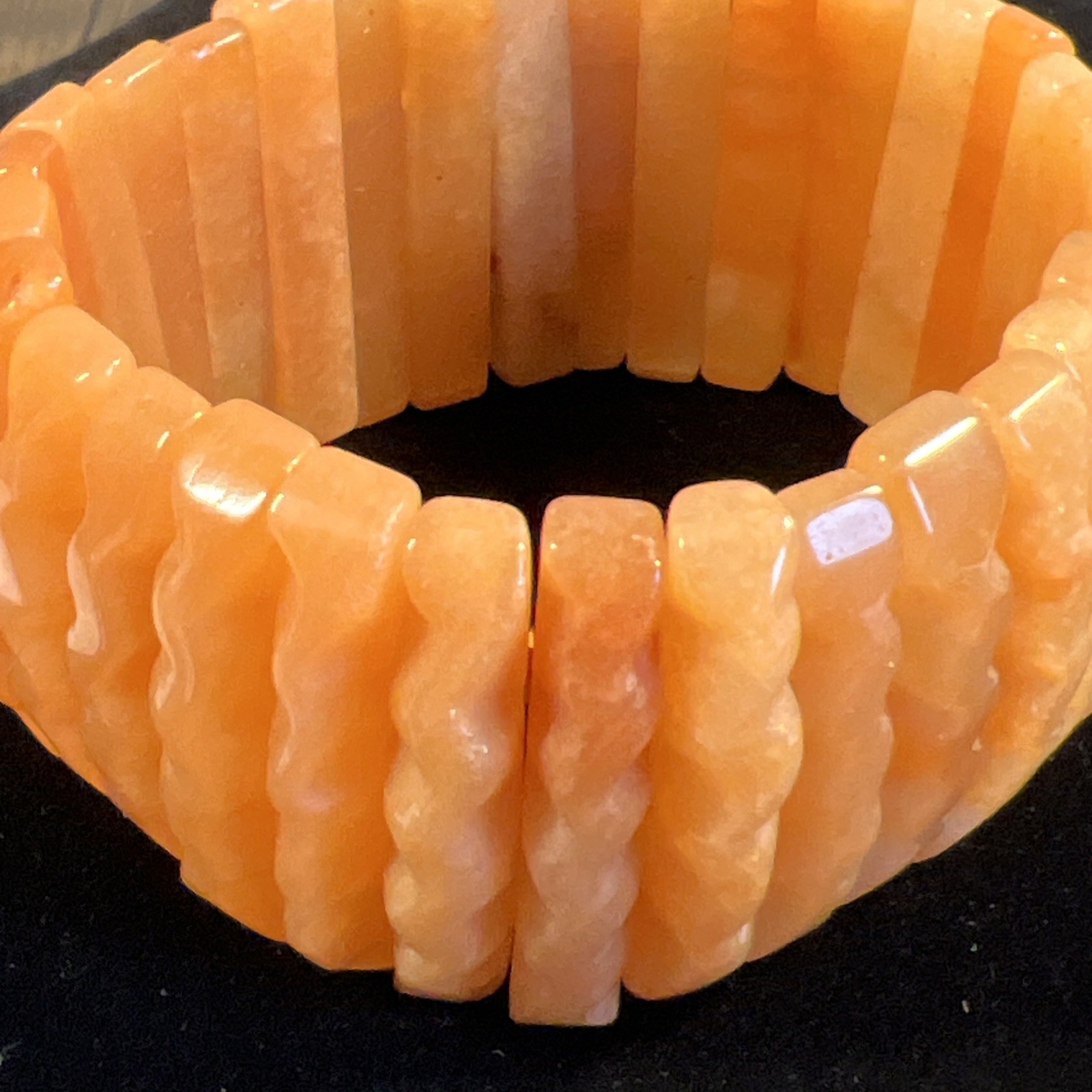 VTG Carnelian AGATE Gemstone Art Deco Chunky Beaded Stretch Bracelet Zig Zag