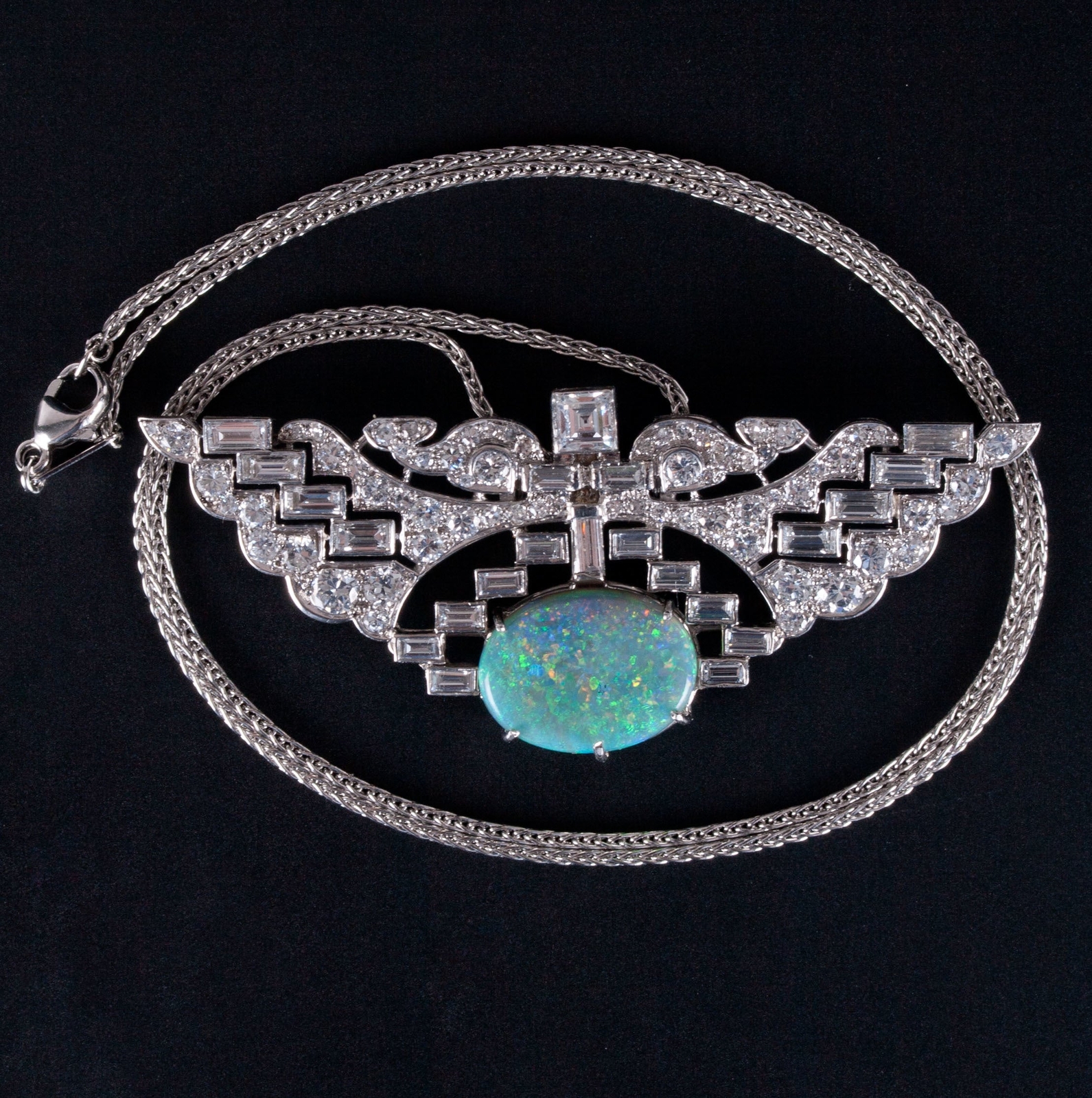 Vintage 1930’s .950 Platinum Oval Cabochon AAA Opal Diamond Necklace 7.89ctw