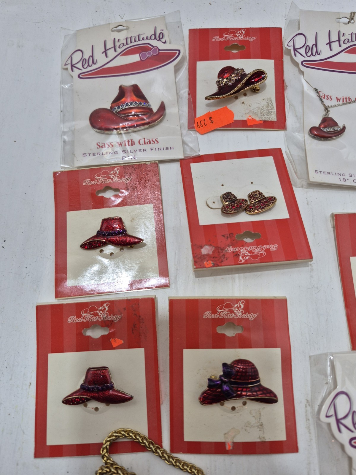 Lot Vintage Red Hat Society Brooch Pin Necklace Earrings Bracelets NOS Jewelry