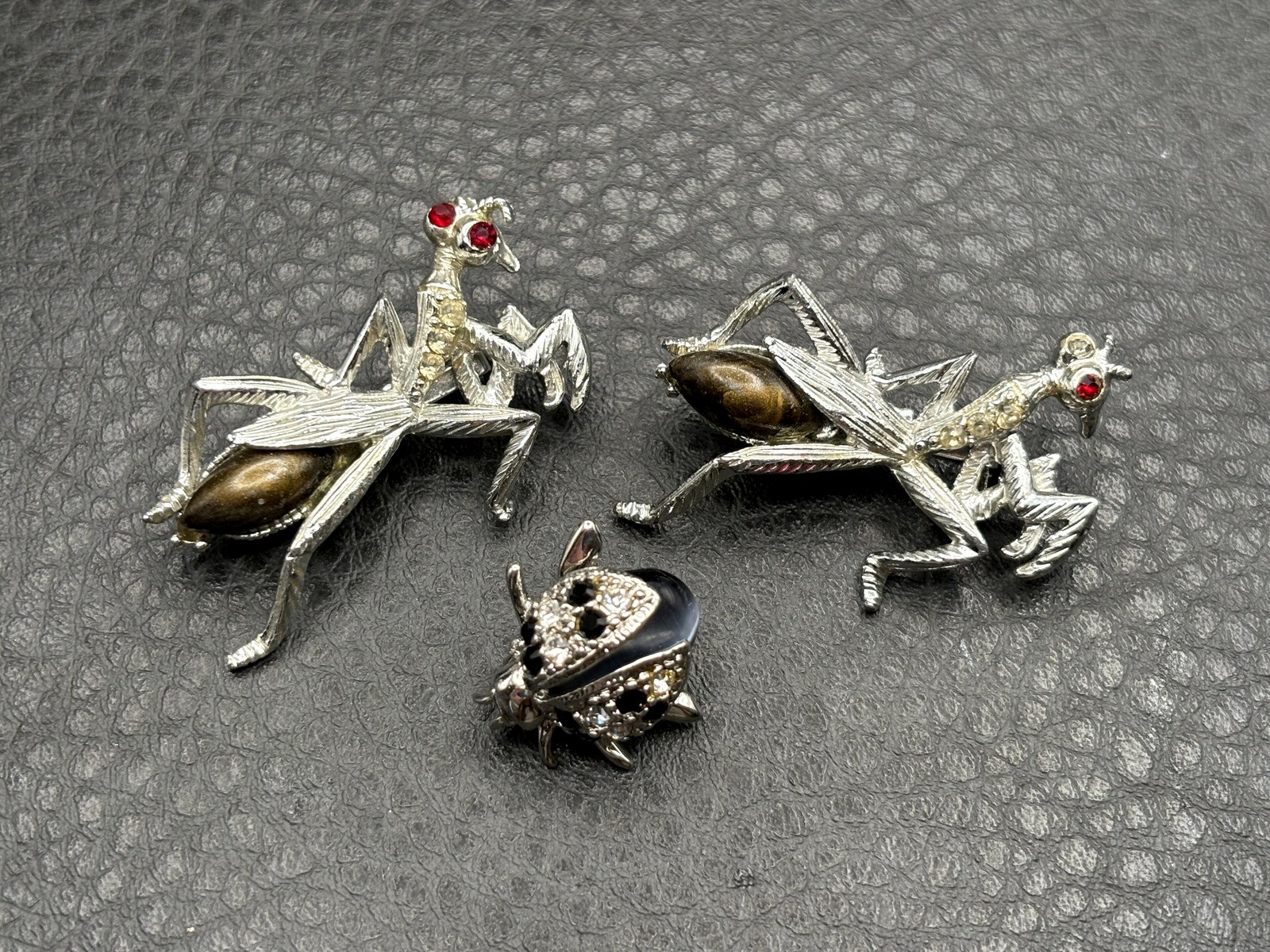 Vintage Lot Of 3 Insects 2 Praying Mantis 1 Beetle Brooch Enamel Crystal Bug Pin