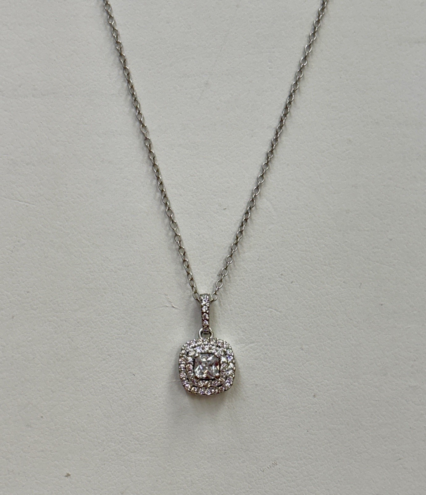 Sterling Cushion Cut CZ Double Halo Style Pendant Necklace 16-18”