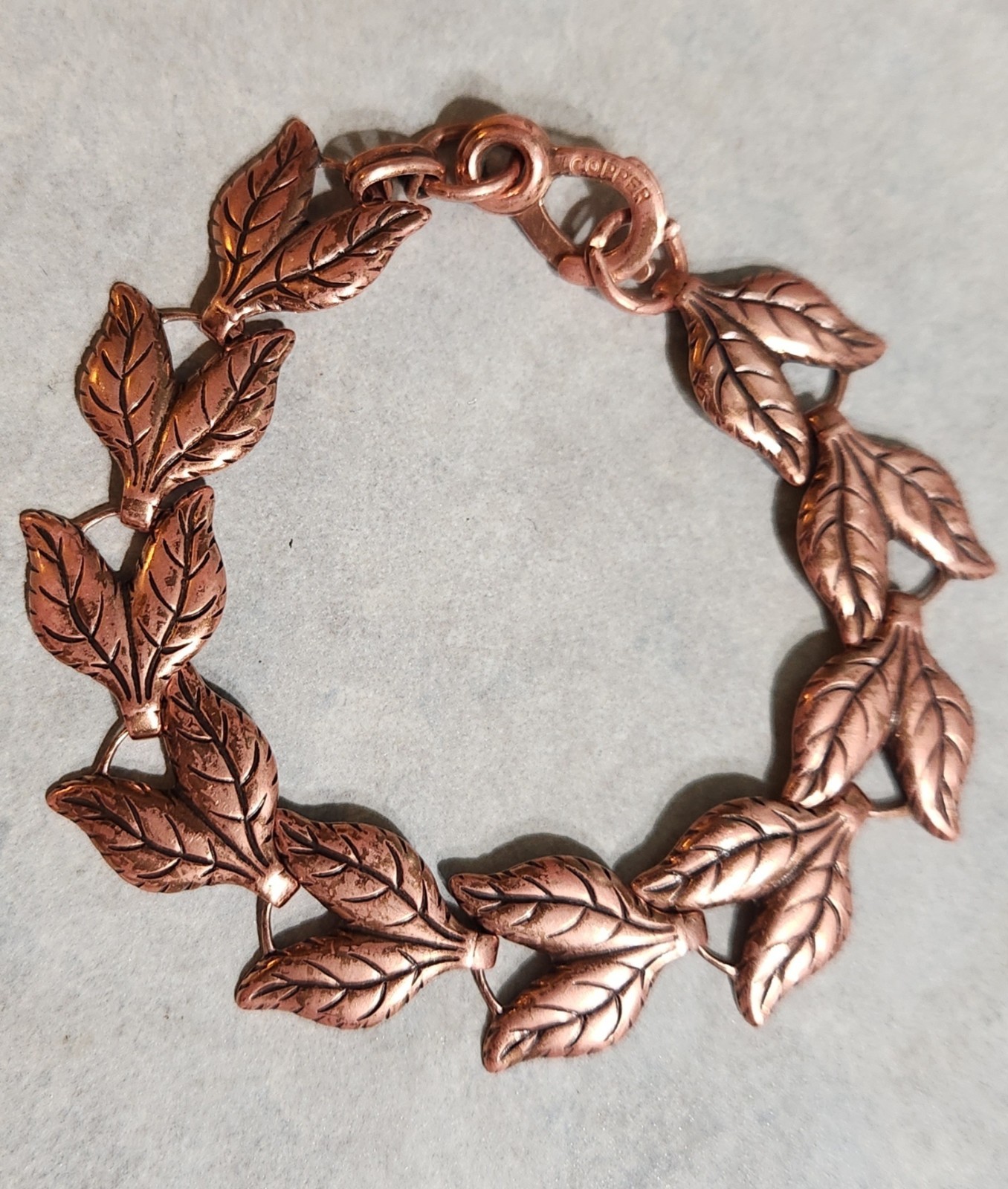 Vtg Unmarked Stamped Copper Double Leaf 7″ Link Bracelet With Heart Sister Clasp