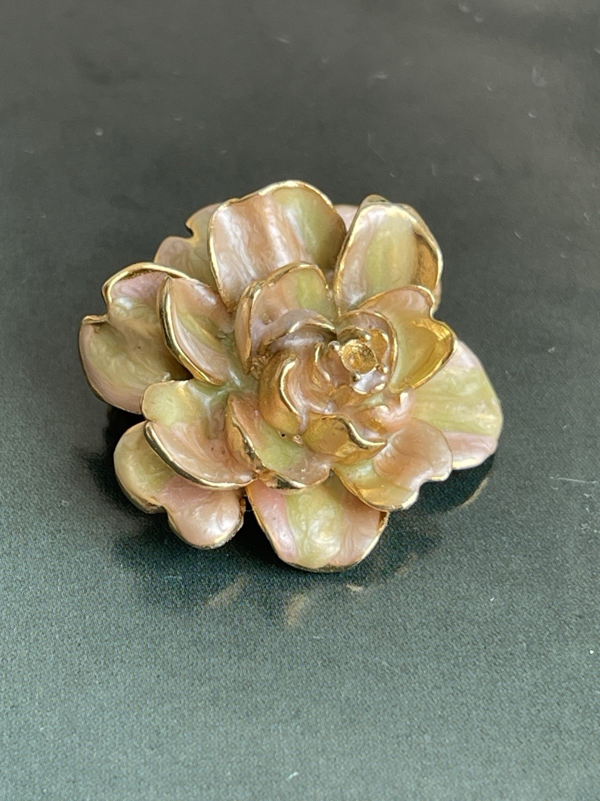 Vintage Joan Rivers Camellia Flower Brooch Enamel Gold Tone Signed