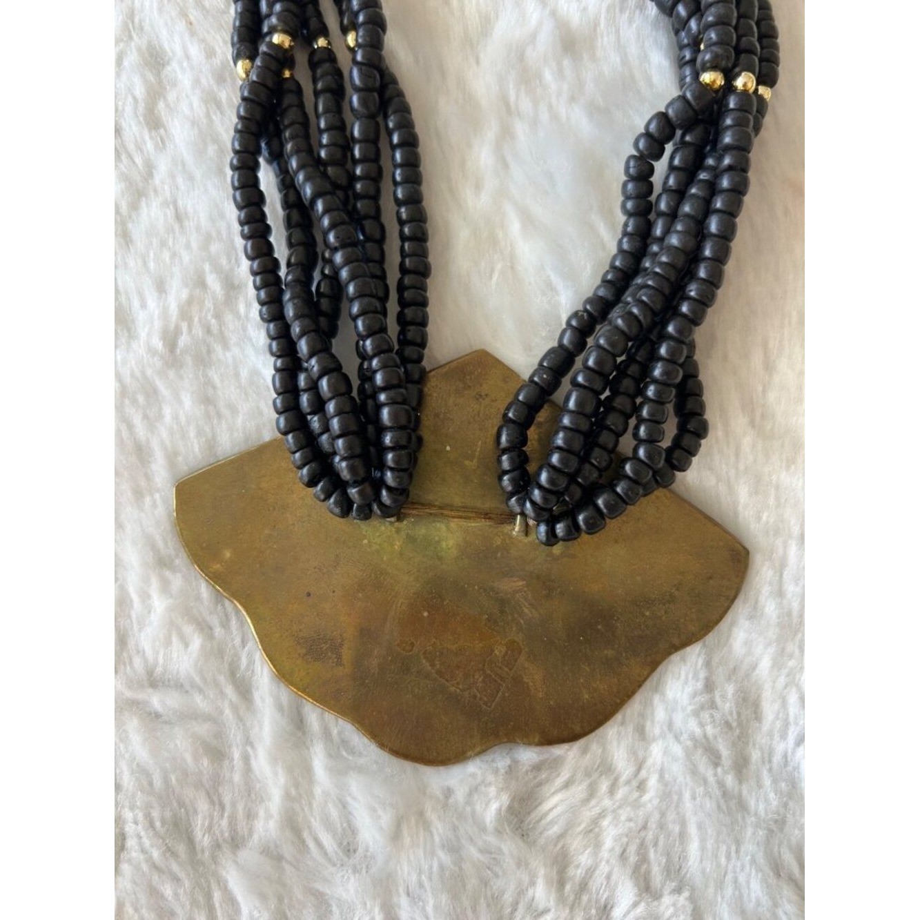 VTG 80’s Beaded Necklace Pink & Black Abalone Shell Fan Pendant Statement Piece