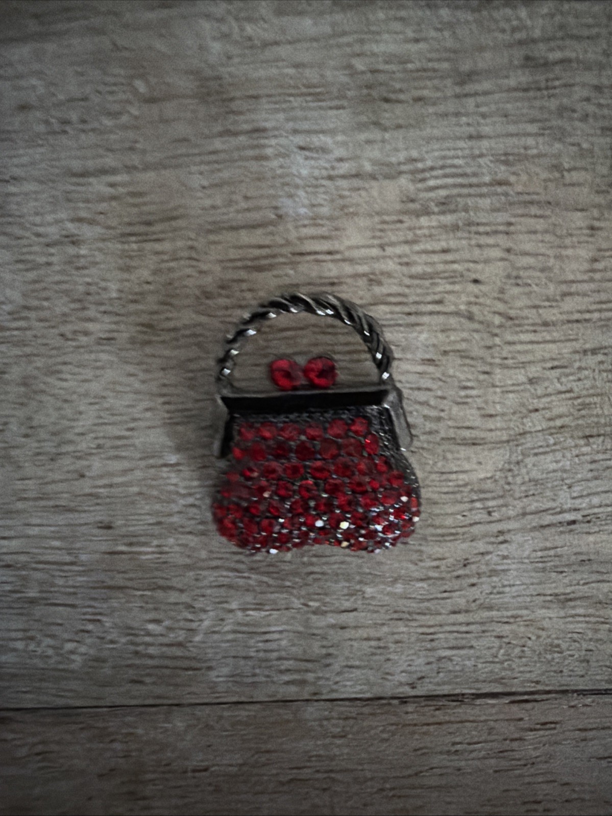Gunmetal Silver Tone Red Rhinestone Mini Purse Small Brooch Pin Vintage 1 Inch