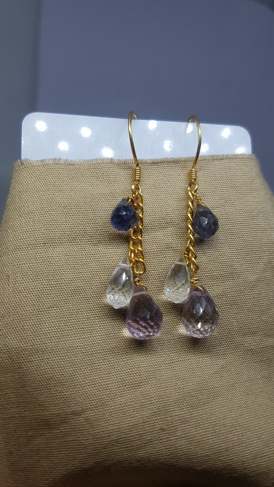 Iolite pink amethyst Clear quartz gemstone 925 sterling silver earrings jewelry