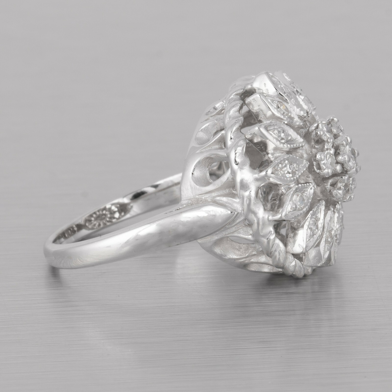 Antique Art Deco 14k White Gold Diamond Floral Double Halo Milgrain Ring 0.35ctw