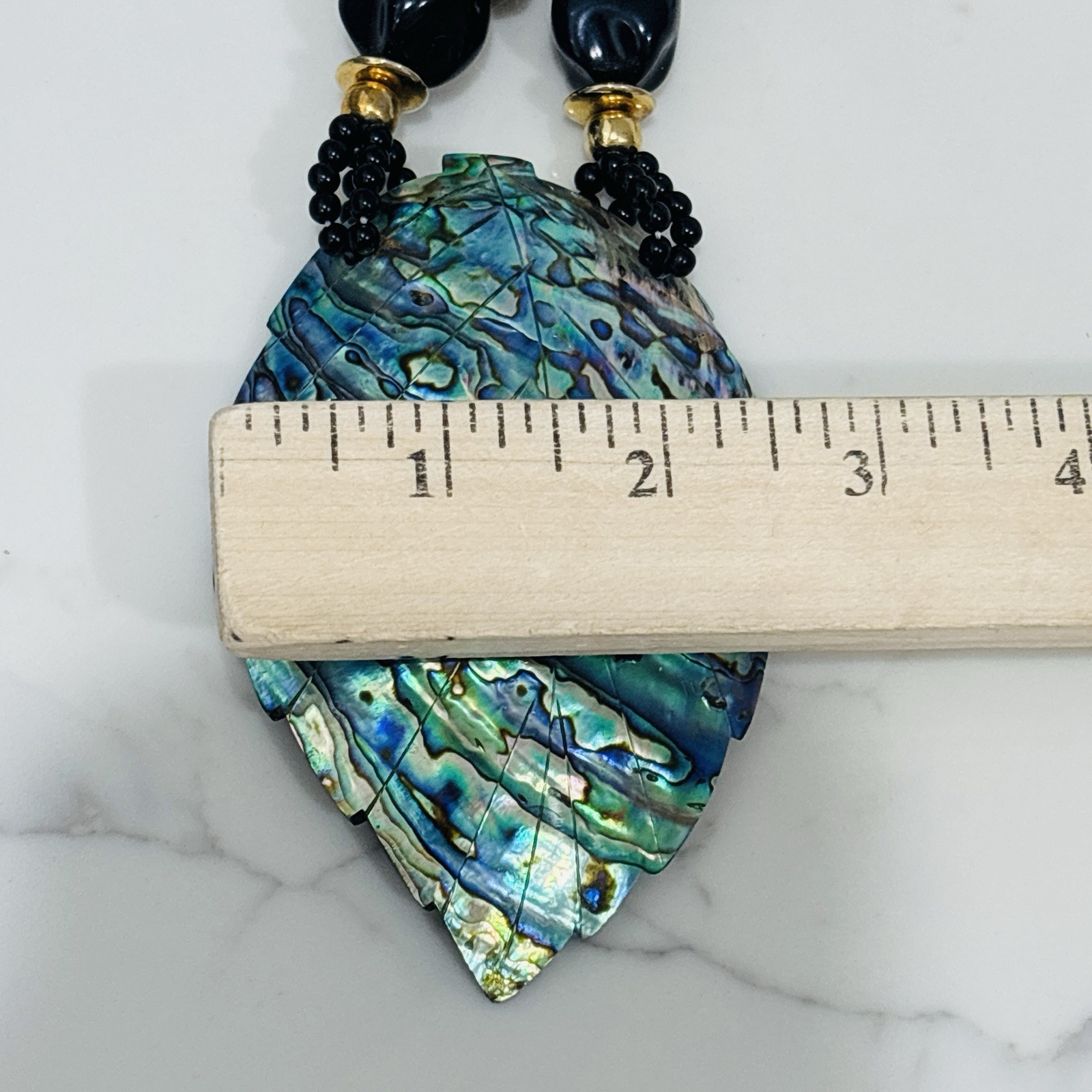 Vintage Beaded Statement Necklace Carved Abalone Shell Leaf Boho Black 80s 90s