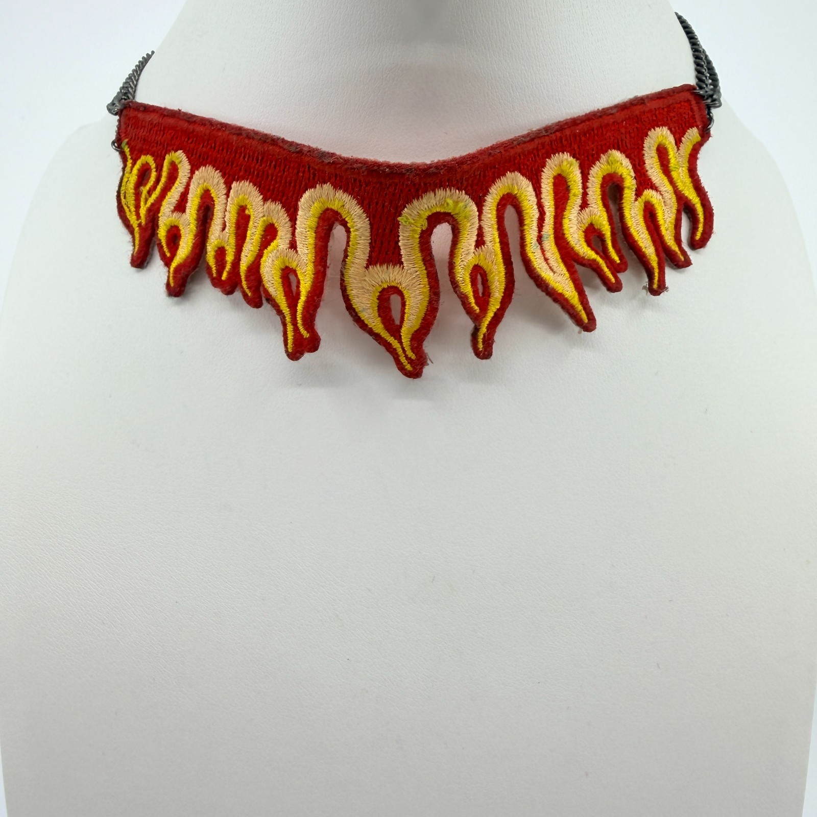 Vintage Flame Choker Necklace Embroidered Fabric Patch Fire Red Gunmetal Y2K 90s