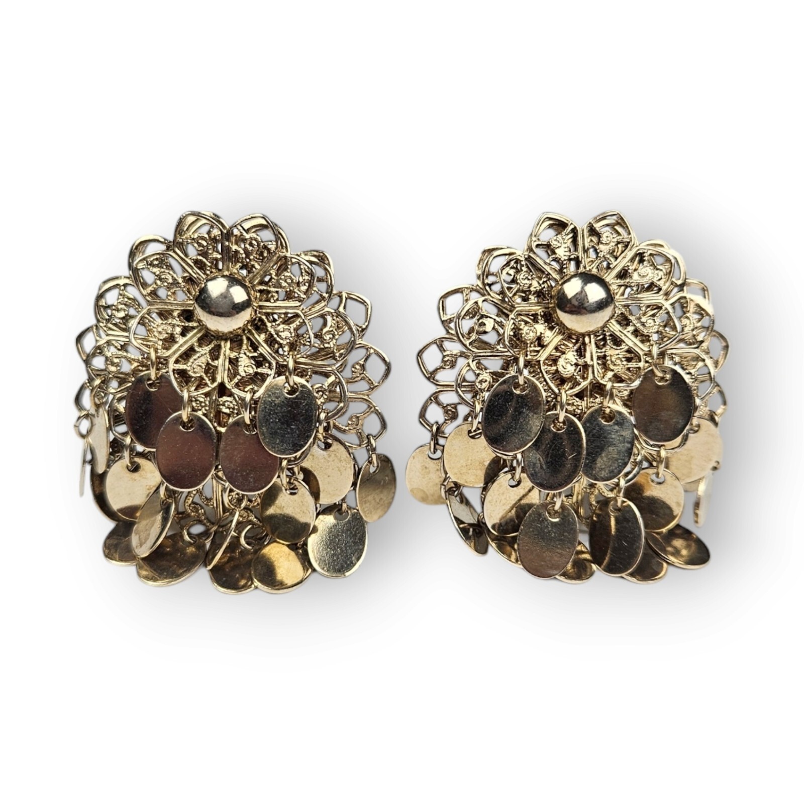 Vintage Filigree Flower Earrings Dangling Fringe Brass Layered Clip On 1.5″ Long