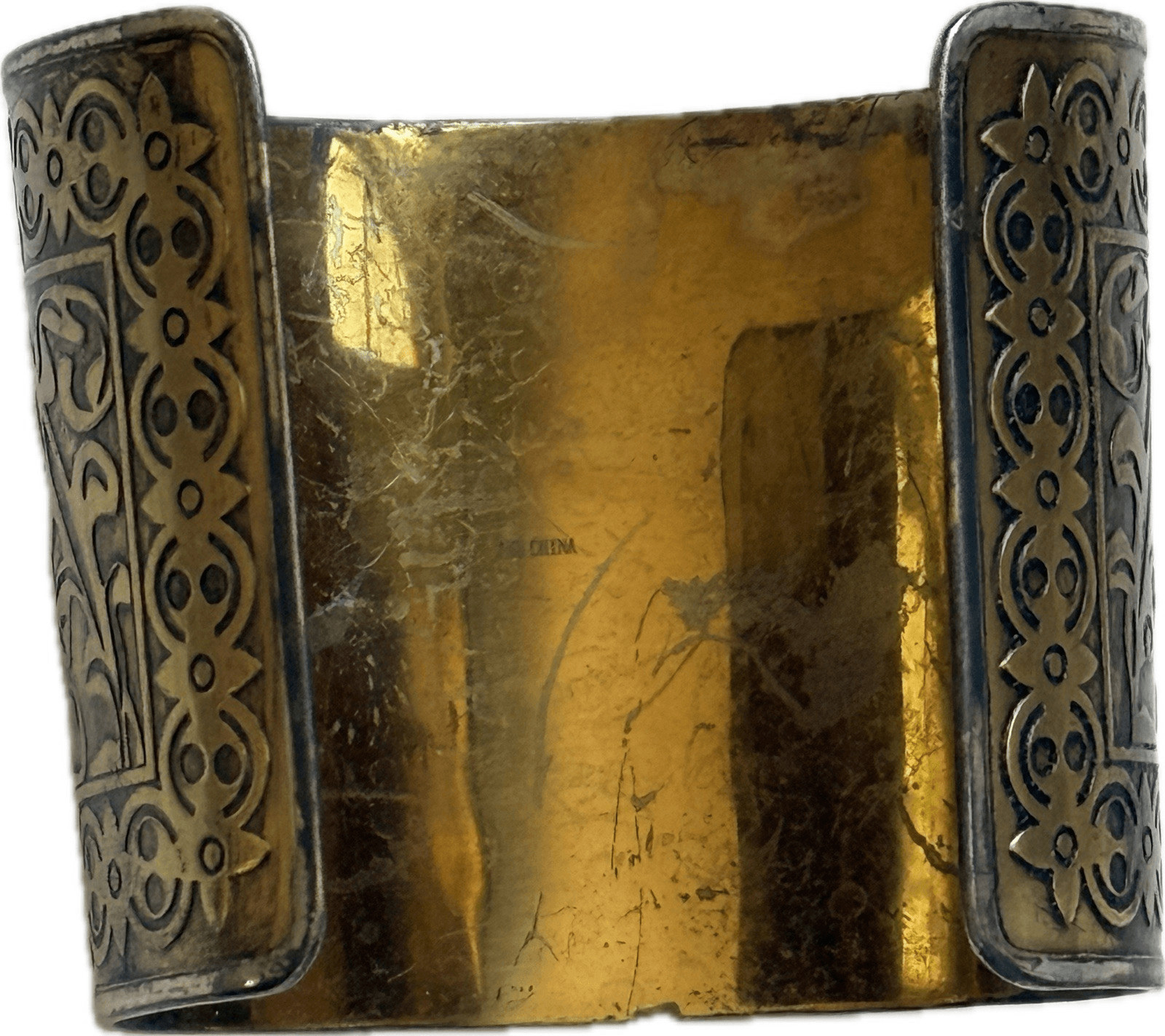 Amy Kahn Russell Cuff Bracelet Vtg Story Teller Hunting Scene Bangle Bronze