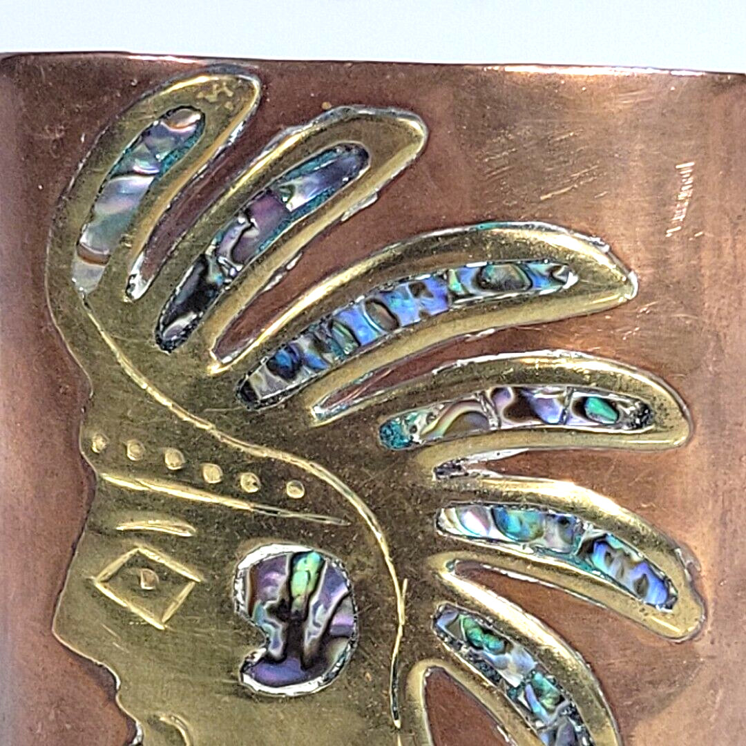 Vintage Copper Brass & Abalone Inlay Cuff Bracelet Boho Bohemian Folk Art Mexico