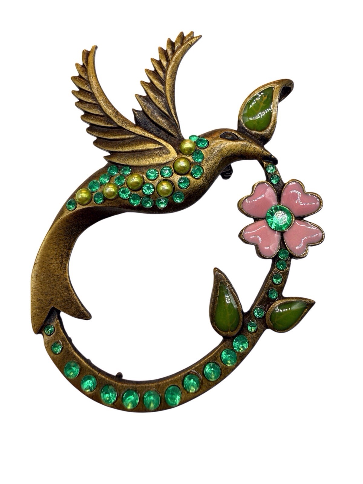 Vintage Green Rhinestone and Faux Pearl Hummingbird Pink Enamel Flower Brooch A9