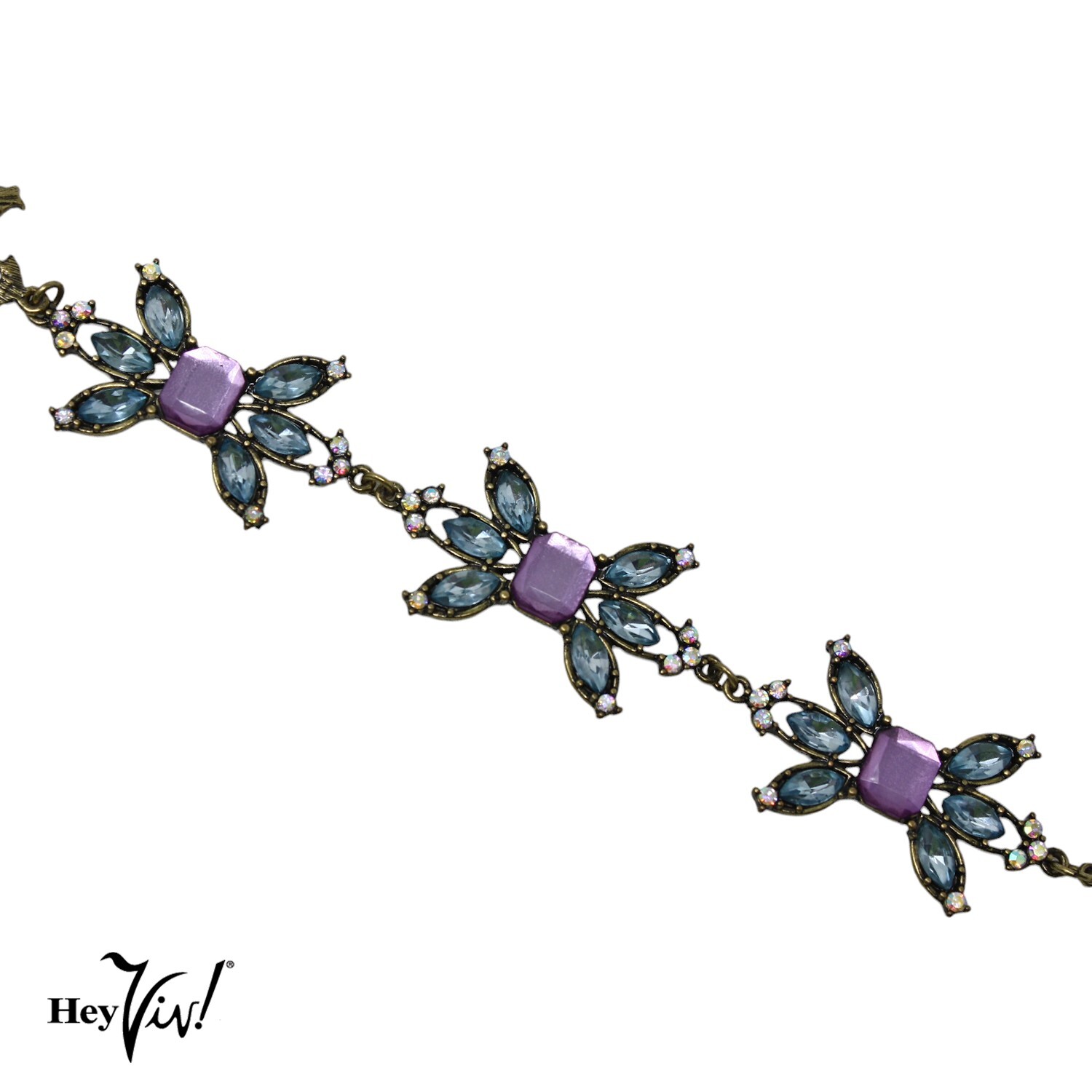 Vintage Statement Rhinestone Bracelet Purple and Blue Flowers 9″ Long – Hey Viv