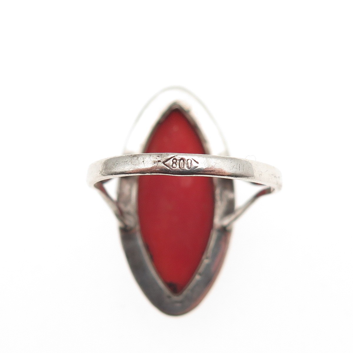 800 Silver Antique Art Deco Real Coral Marcasite Ring Size 6.75 (missing stone)