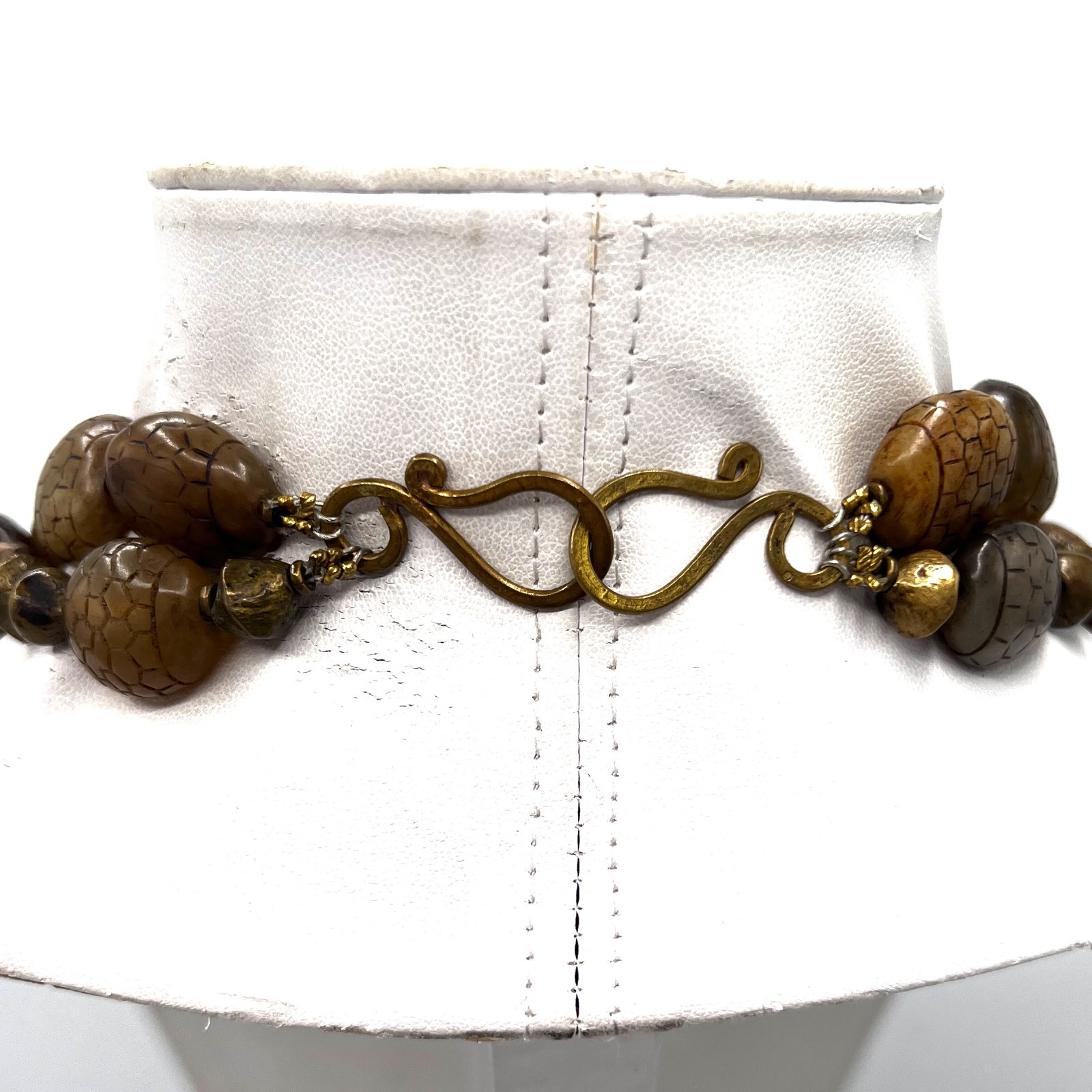 Artisan Carved Stone Medallion Necklace – Two-Strand Mossy Earth Tone Statement