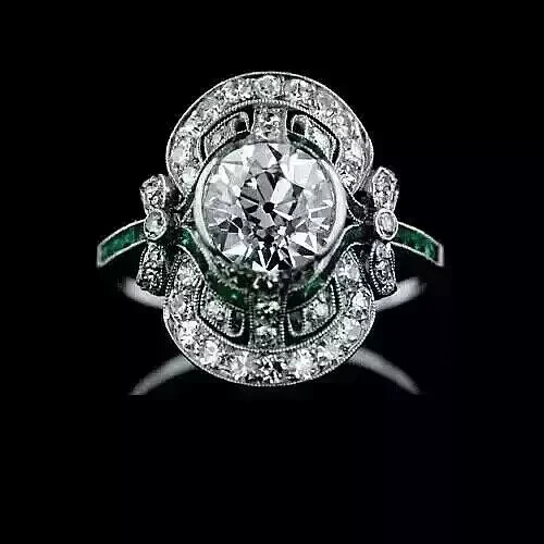 Vintage Art Deco Style Lab Created Diamond 14k White Gold FN Engagement Ring