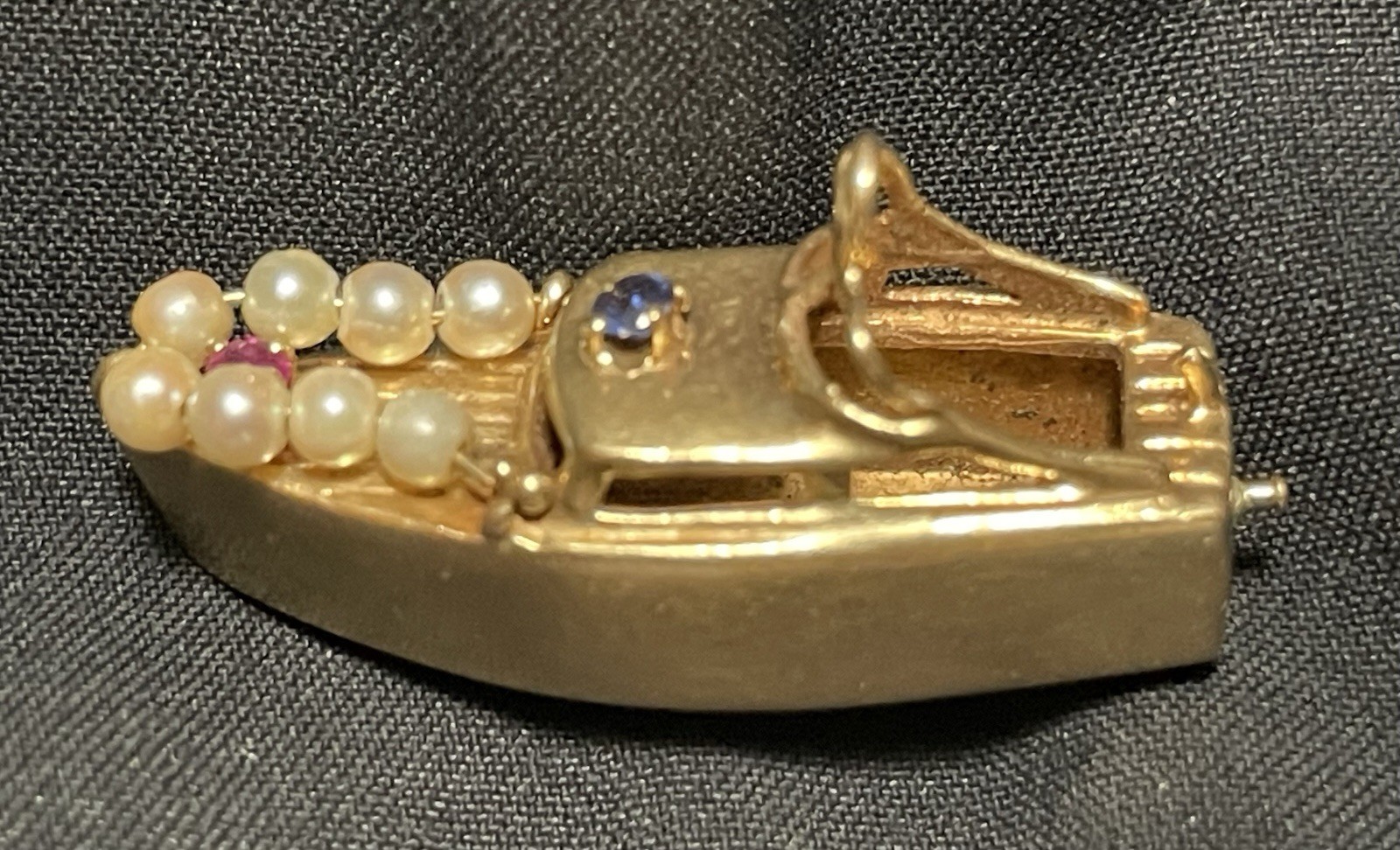 1955 Antique 14k Solid Yellow Gold Boat Charm Pendant Ruby Sapphire Pearls RARE