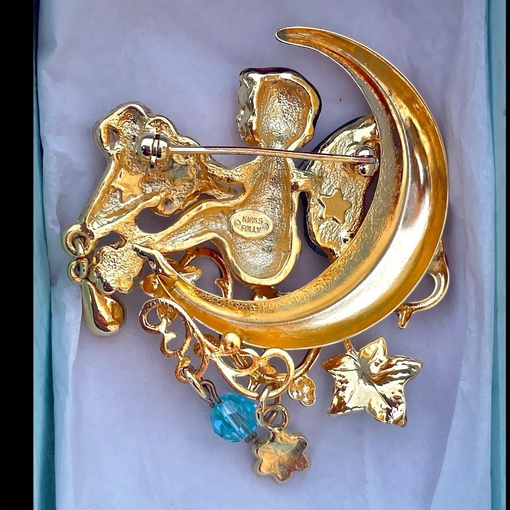 Vintage Kirks Folly Gold Fairy on Crescent Moon Dangle Brooch w/ Charms