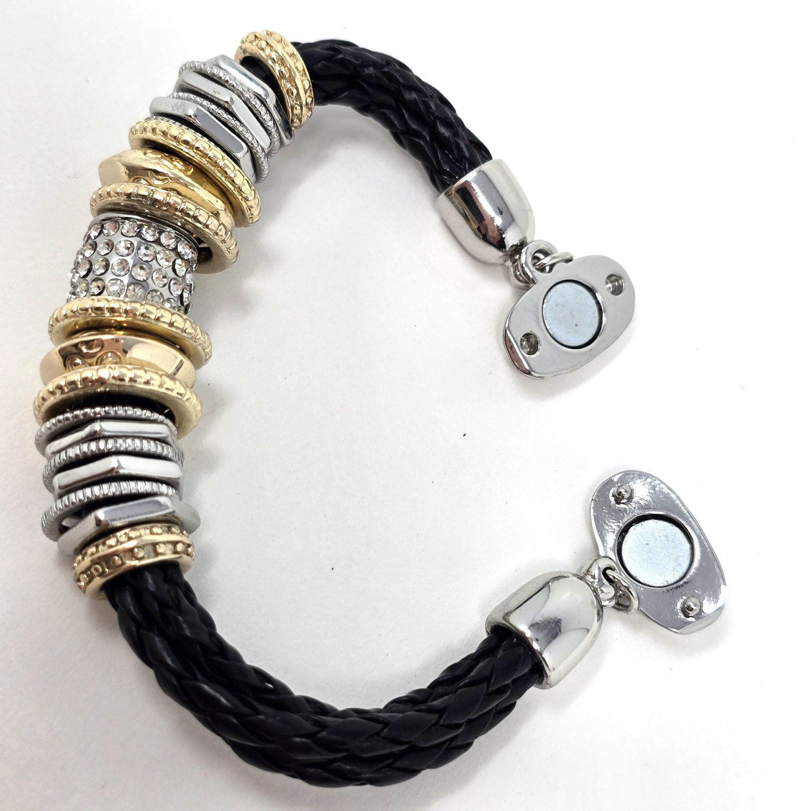 CHICO’S Silvertone Rhinestones 5 Leather Strands Set 22″ Necklace Bracelet