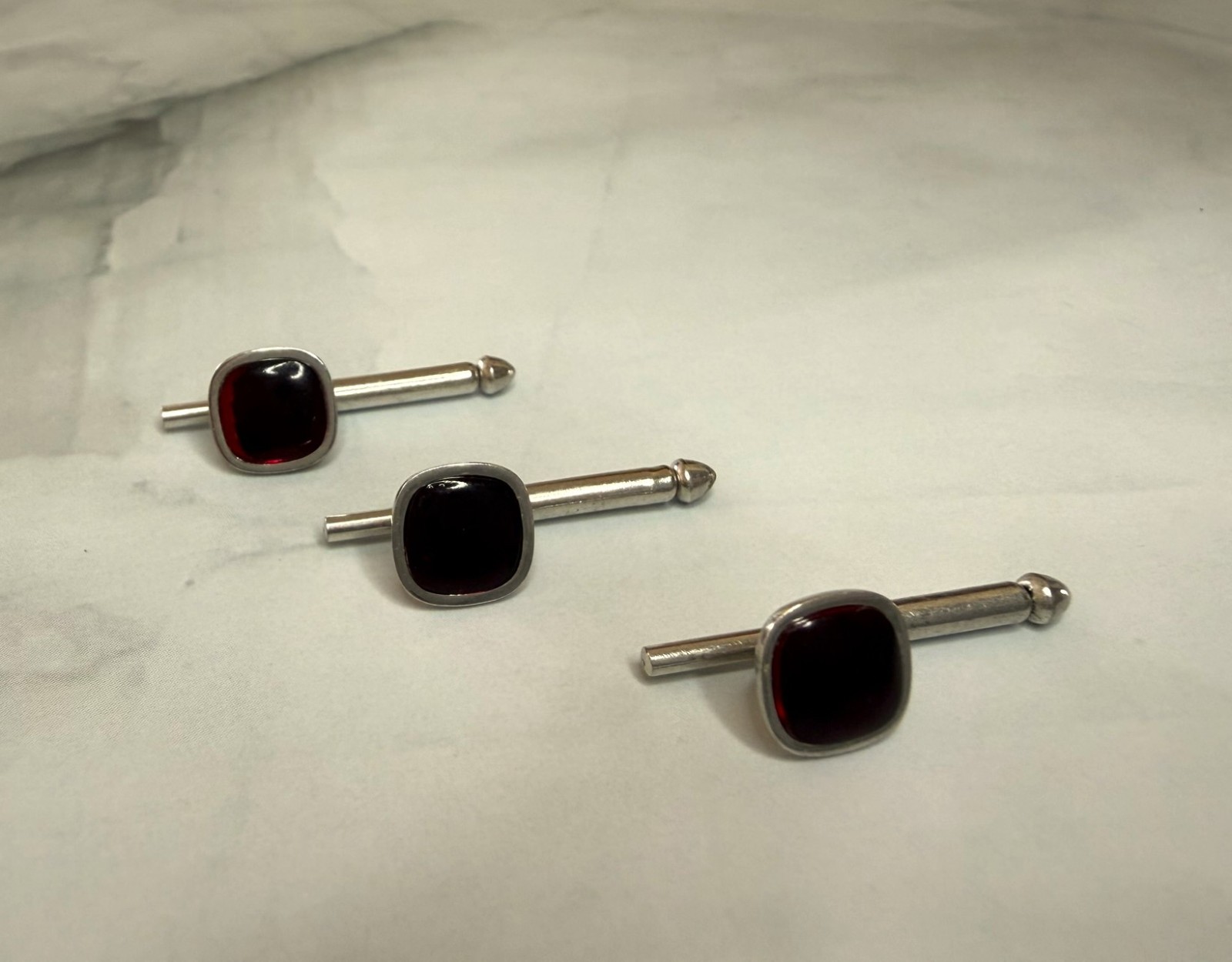 3 Swank Vintage Art Deco Cherry Red Silver Tone Button Links FREE SHIPPING