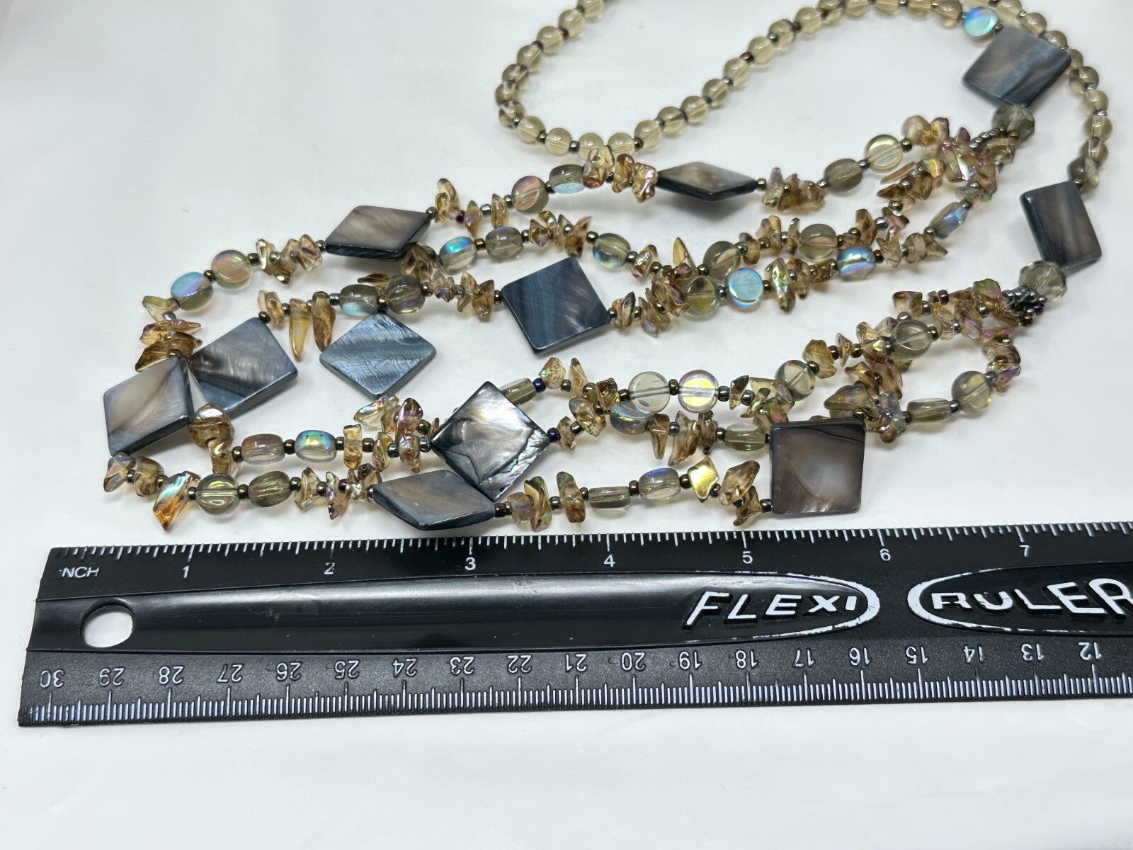 Gorgeous 3-Strand Gray Mother of Pearl and Iridescent Glass Bead 30″ Necklace