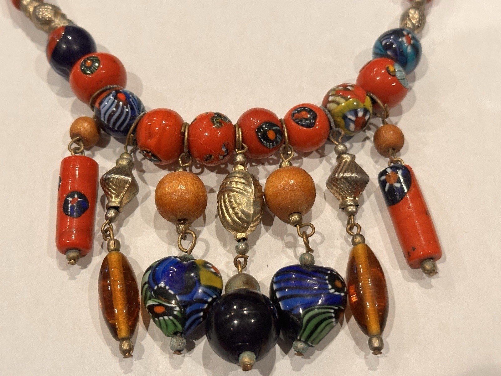 MOROCCAN BERBER CERAMIC WOOD GLASS STAR FLORAL DANGLING BEADS 19″ NECKLACE EUC