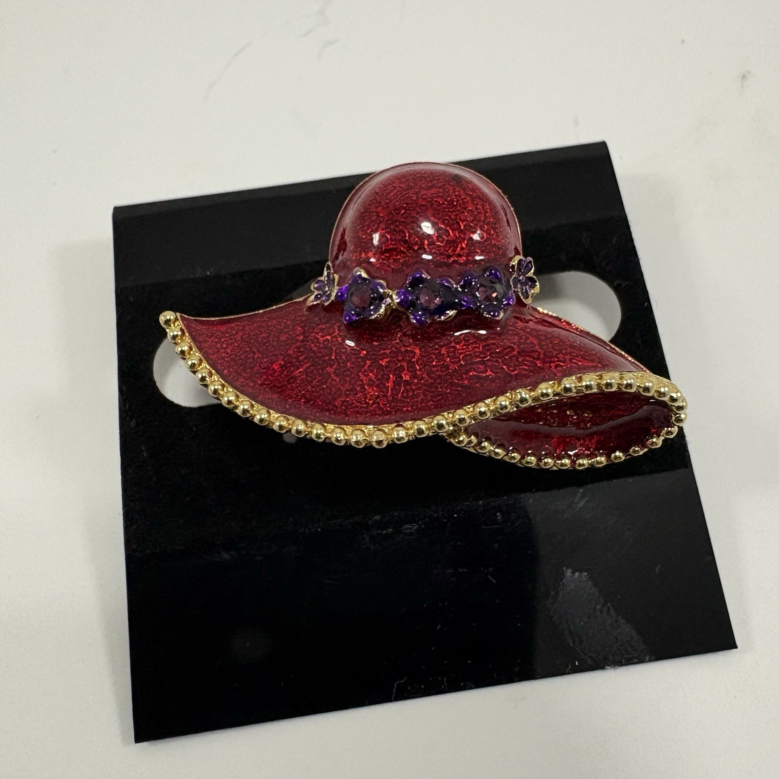 Vintage Hat Brooch Red Enamel Gold-Tone Metal Purple Rhinestone Classy Jewelry