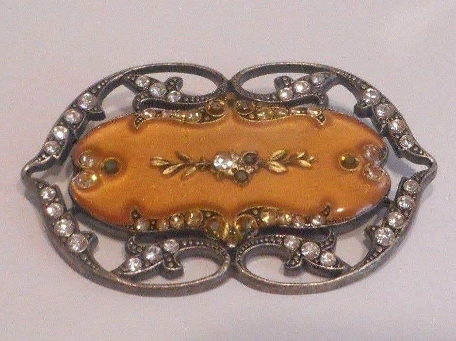 Vtg. Victorian Revival Butterscotch Enamel & Crystals Pewter Tone Metal, Brooch
