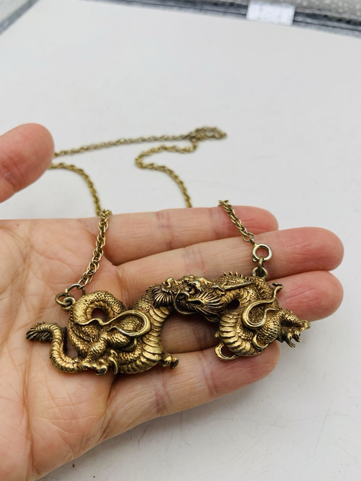 Vintage Alva Museum Replica Gold Tone Menuki Asian Japanese Dragon 18” Necklace