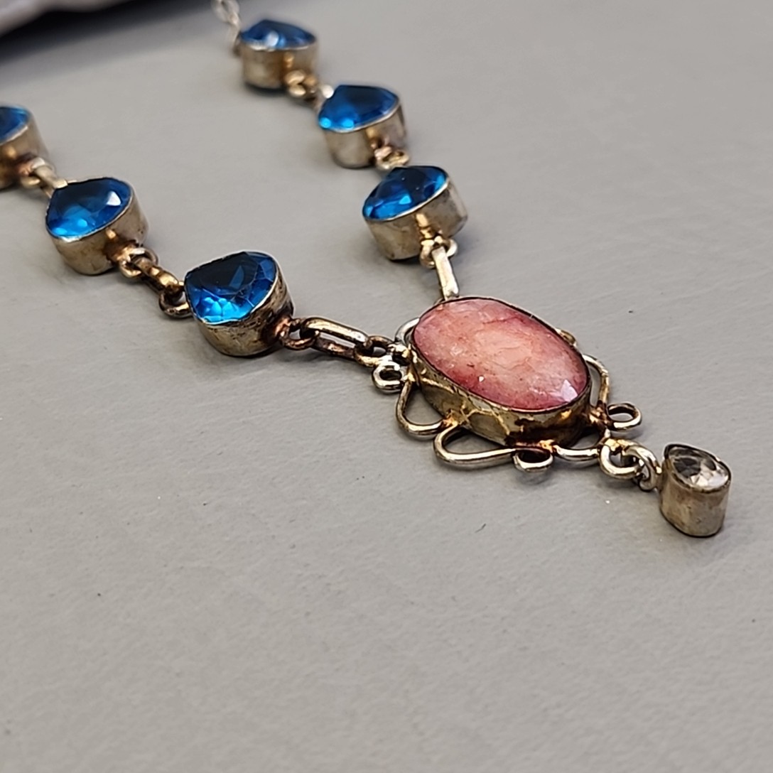 Vintage Glass Bead Necklace Blue Beads Pink Quartz Artisan Silver Tone 18.75″