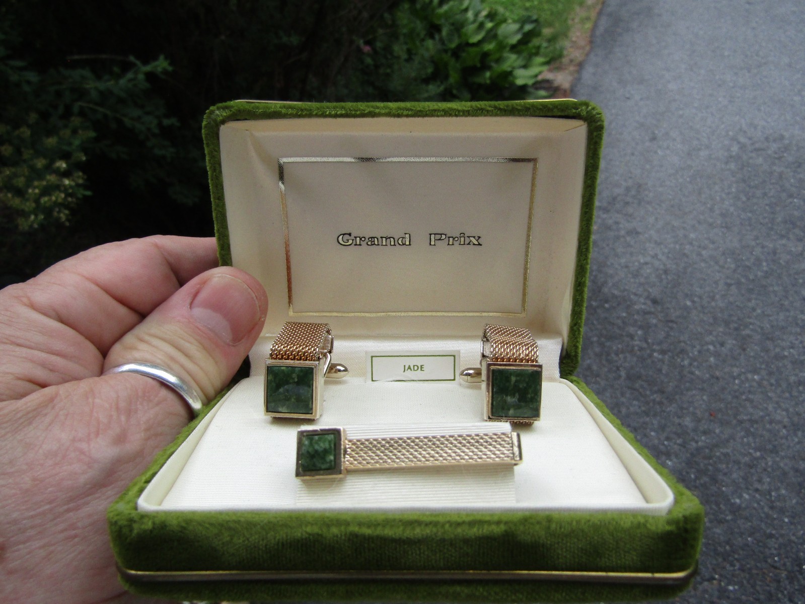Swank Grand Prix Vintage Cufflinks Tie Bar Set Green Jade New Cuff Links