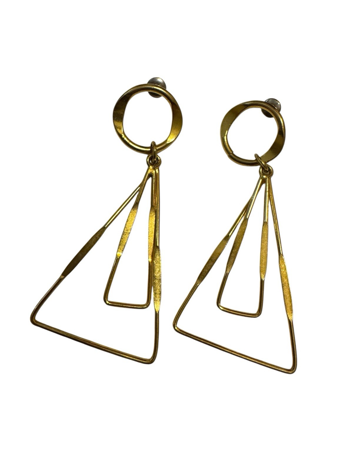 Vintage Gold Tone Geometric Triangle Dangle Earrings Studs 1980s/1990s Art Deco