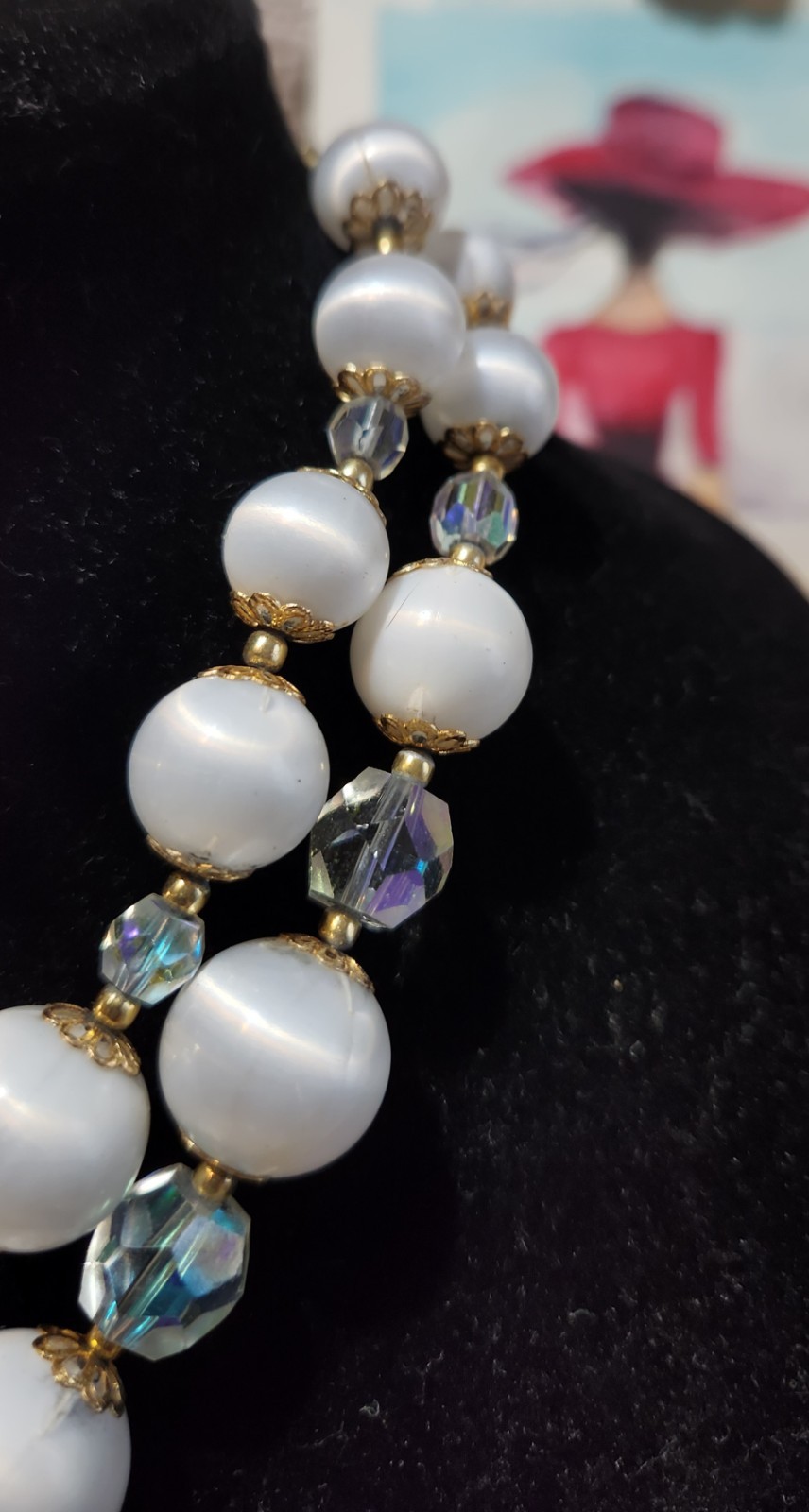 Vintage classic mid-century double-strand necklace acrylic and AB glass Japan