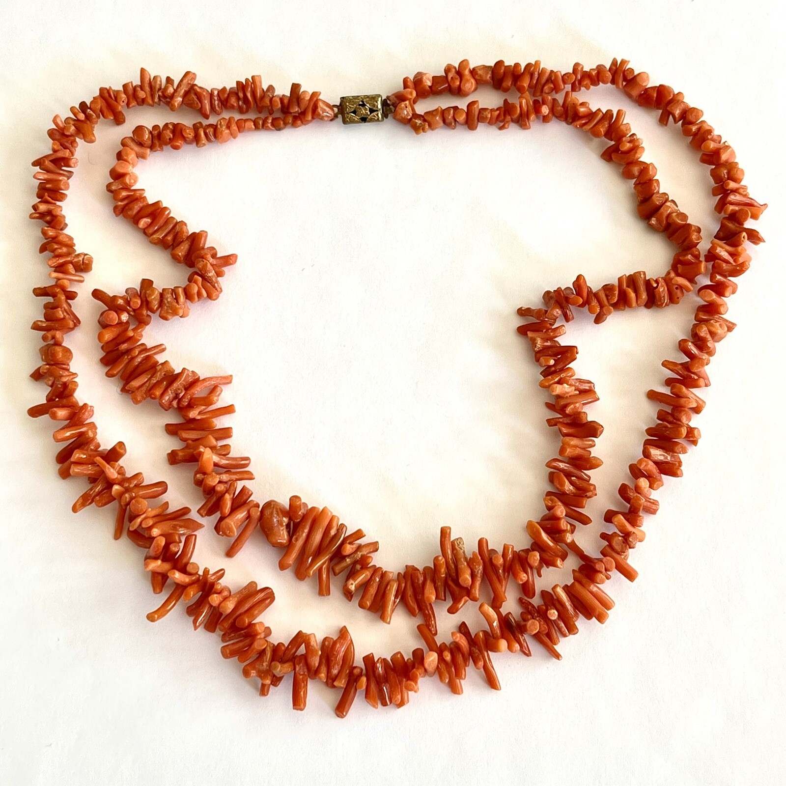 Antique Red Orange Branch Coral Necklace 2 Strand Natural 17in 44g VTG Art Deco