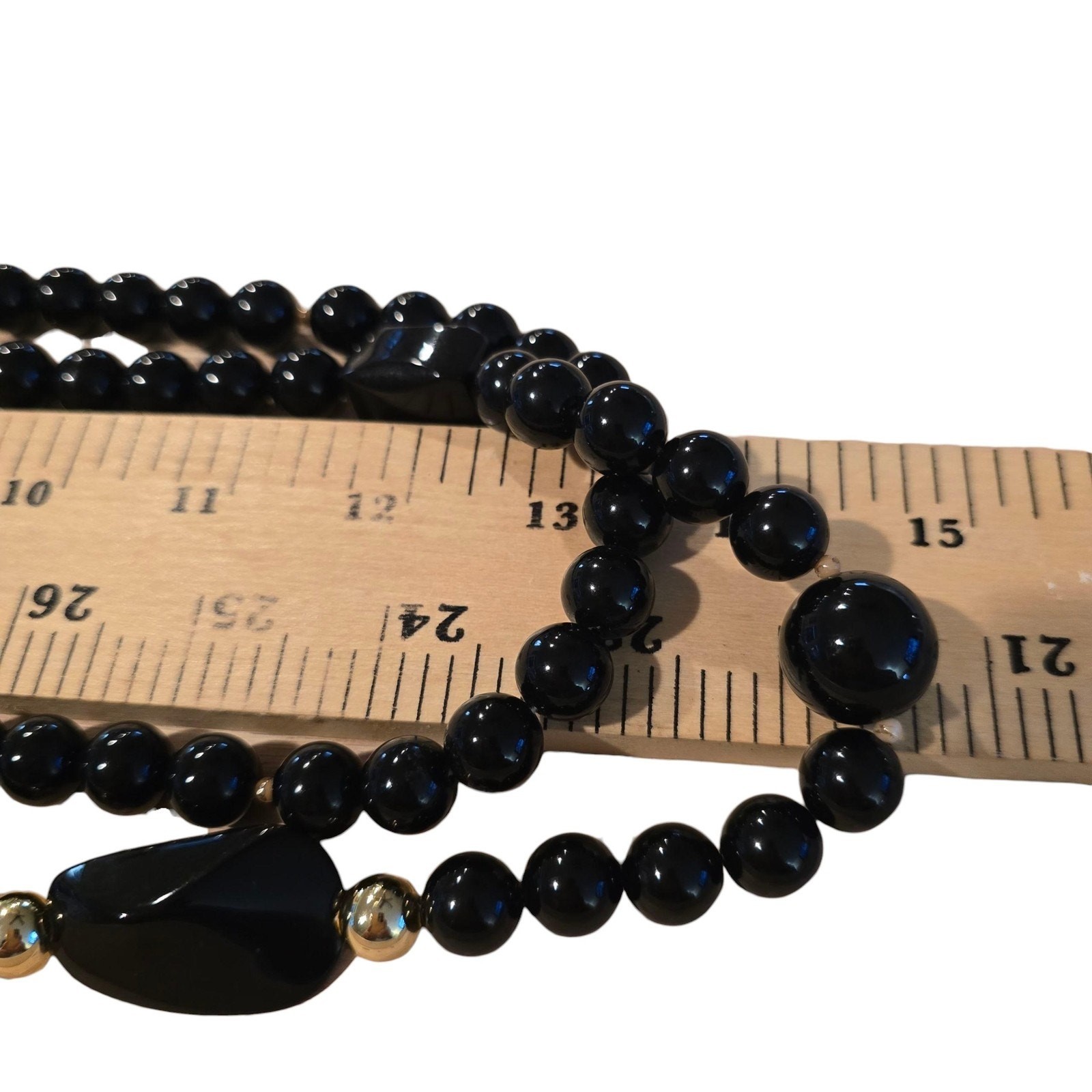Vintage Necklace Black Beaded Gold Tone Clasp Double Strand 26″ SKU2510