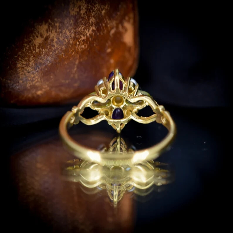 Suffragette Cluster Ring Natural Peridot Amethyst Pearl 14k Yellow Gold Finish