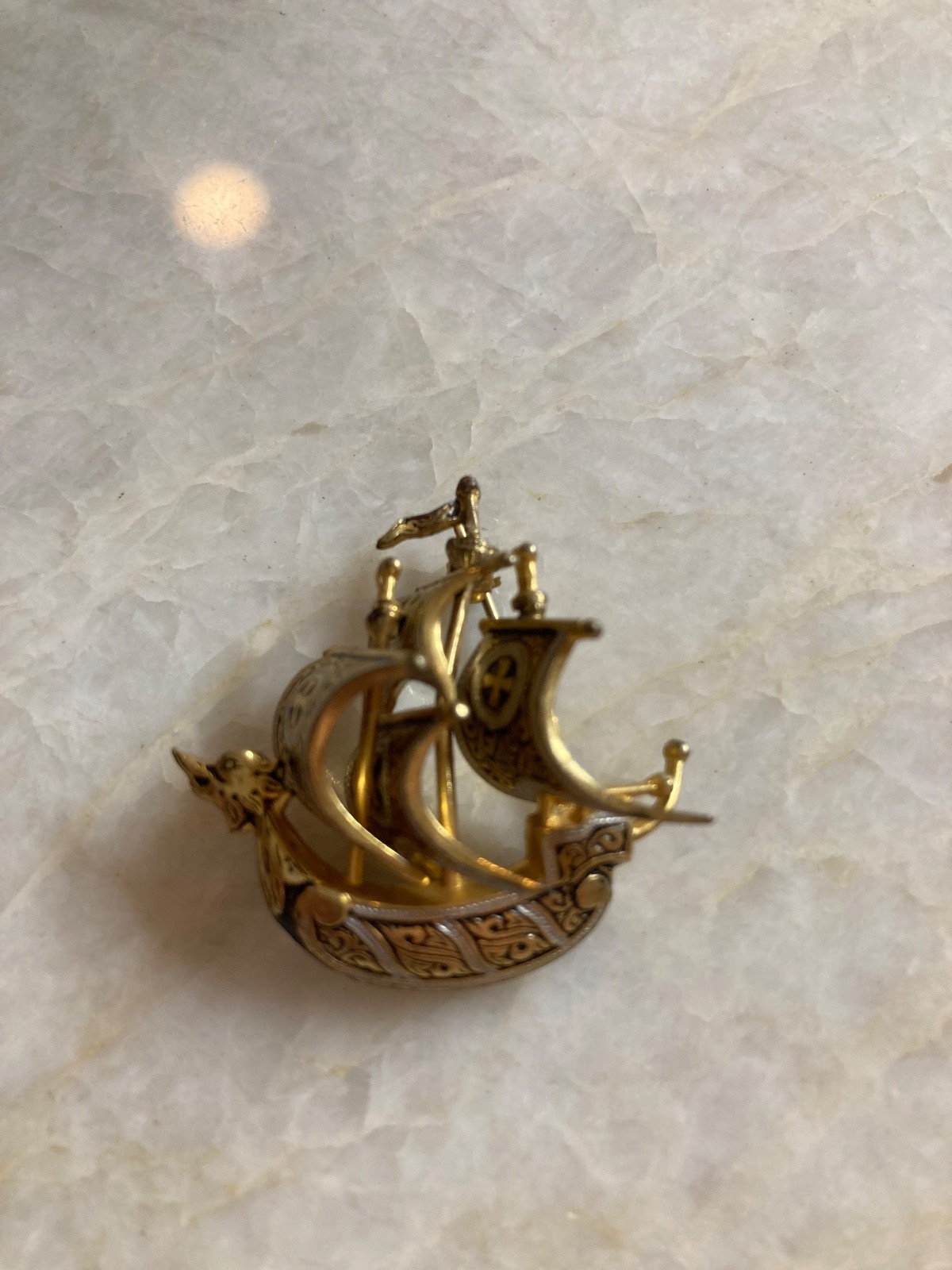 Unique Vintage Gold and Silver Tone Three Mast Tall Ship Brooch