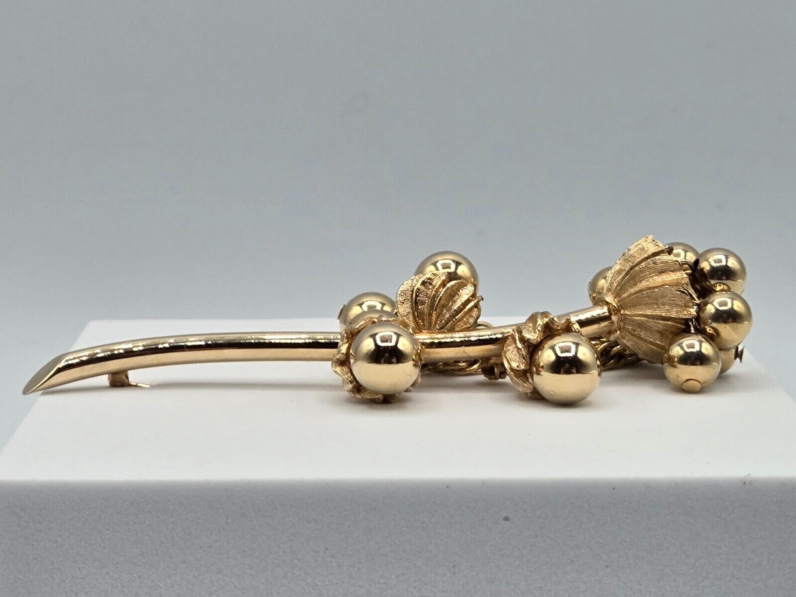 Flower Stem Brooch Gold Tone W/ Chain Tassels & Beads Unsigned Large 3D