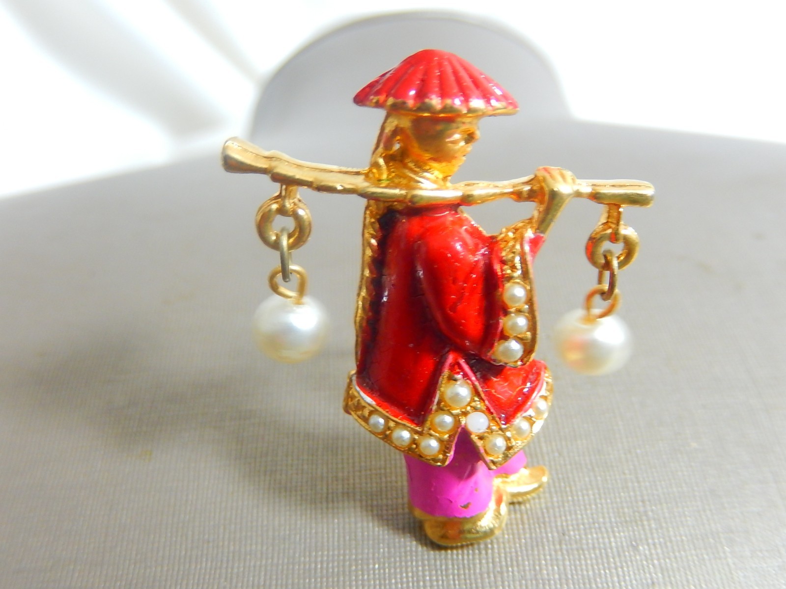 VTG ASIAN REVIVAL WATER BEARER GT ENAMEL FAUX PEARL BROOCH