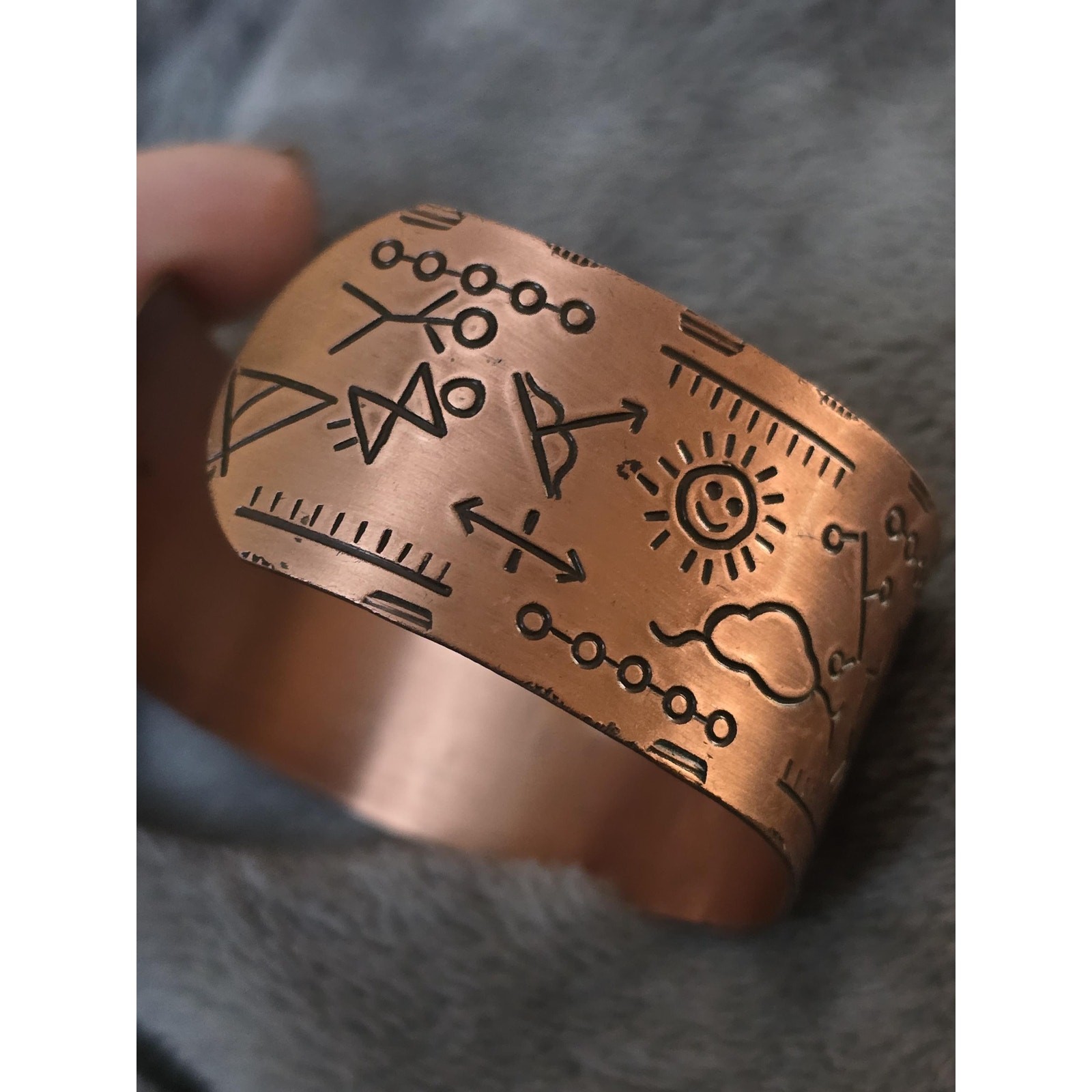 Vintage Solid Copper Cuff Bracelet | Hieroglyphic Etched Design | 7” Open Cuff