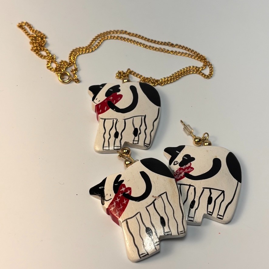 Vintage Necklace Earrings Hand Painted Cow Chunky Huge