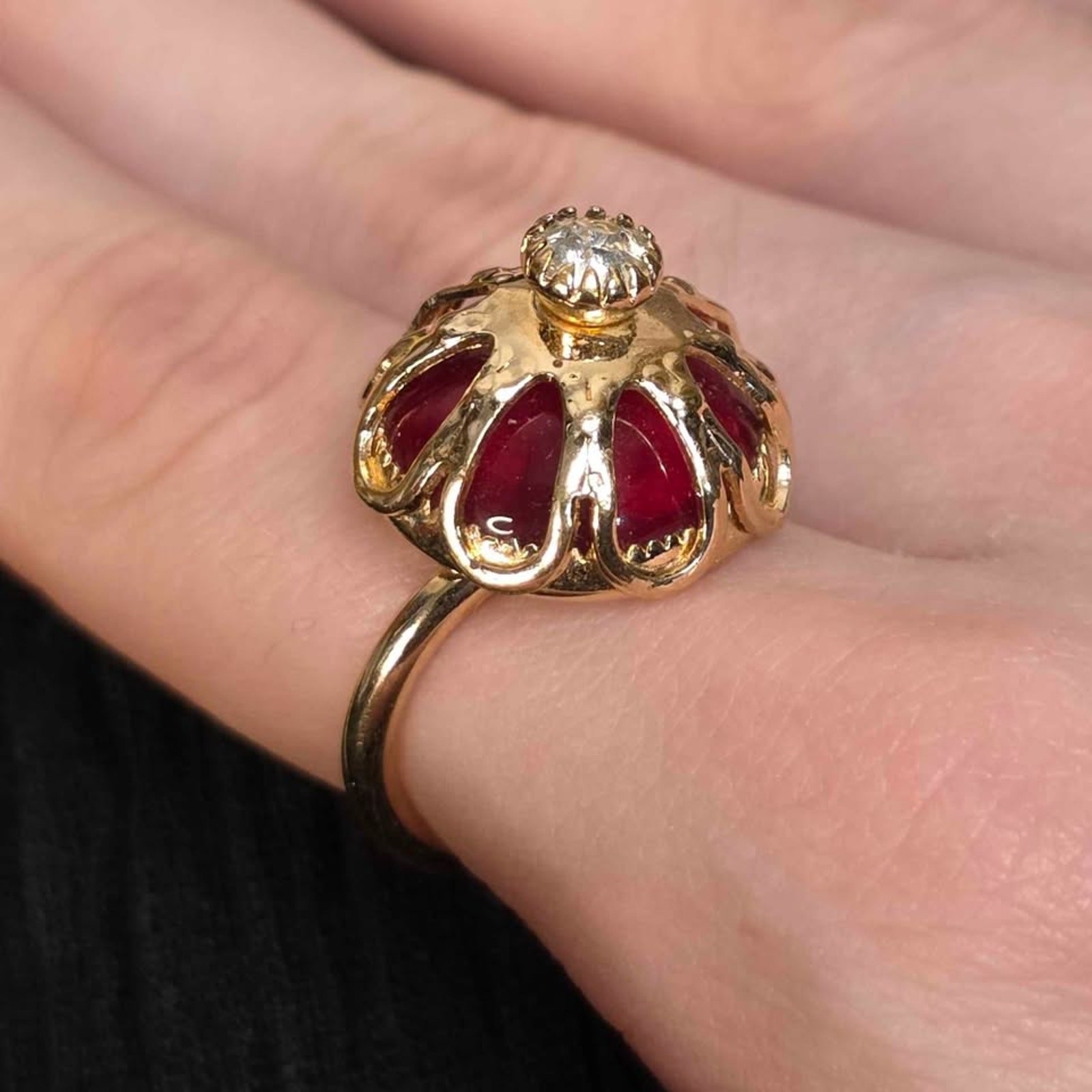 Sarah Coventry Royal Crown Cocktail Ring 70s 1971 Red Gold Tone